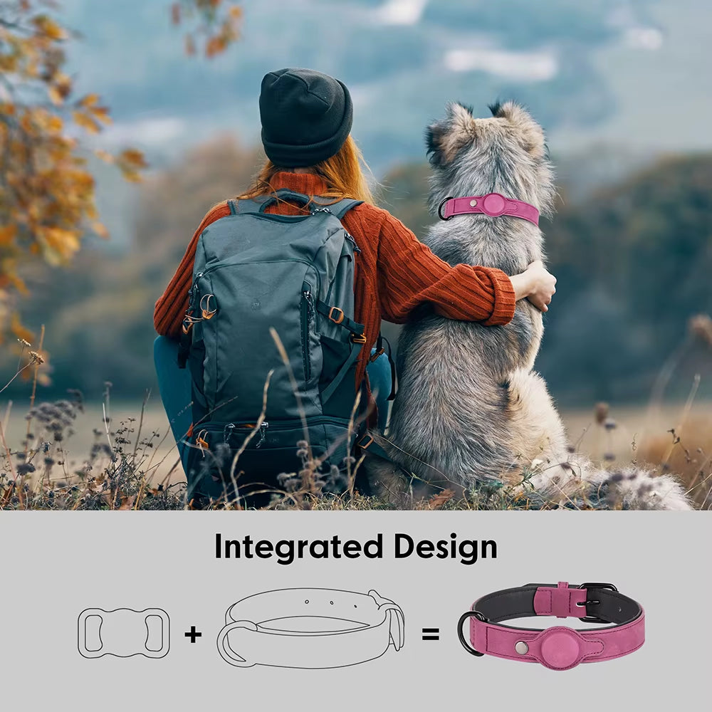 PU Leather Collar for Dogs Soft PU Leather Padded Dogs Collar with GPS Tracker Case Adjustable Small Medium Dogs Collars