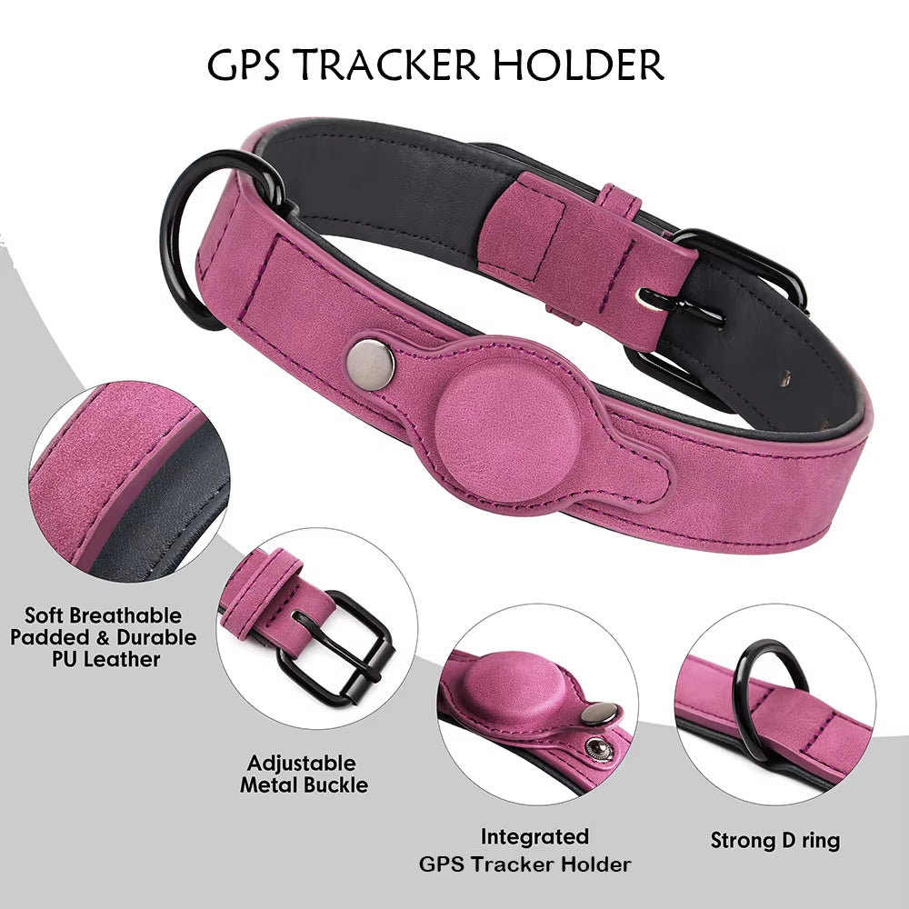 PU Leather Collar for Dogs Soft PU Leather Padded Dogs Collar with GPS Tracker Case Adjustable Small Medium Dogs Collars