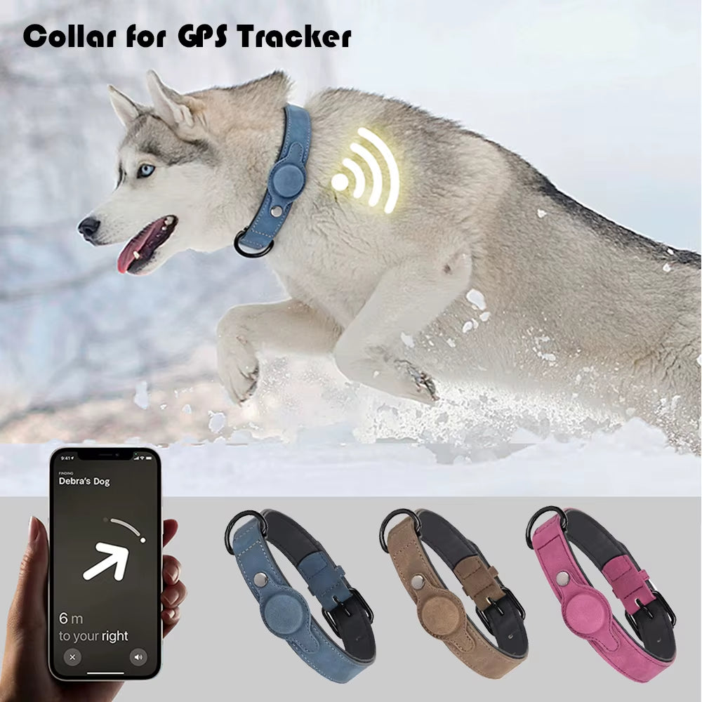 PU Leather Collar for Dogs Soft PU Leather Padded Dogs Collar with GPS Tracker Case Adjustable Small Medium Dogs Collars